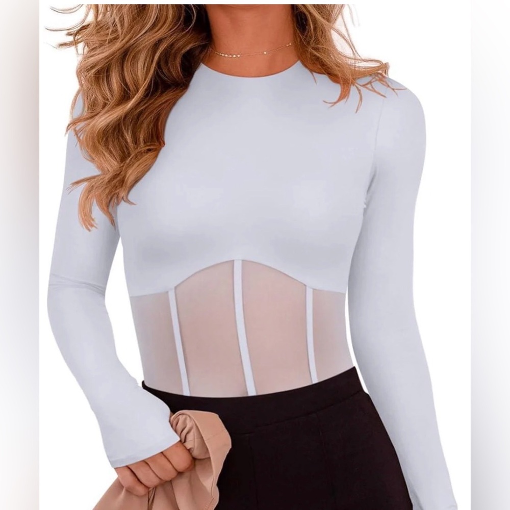 Brand New-REORIA Long Sleeve Sheer Mesh Going Out Bodysuit